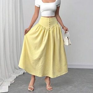 New Casual & Versatile Light Yellow Faux Linen Flared Skirt Butter Yellow Skirts